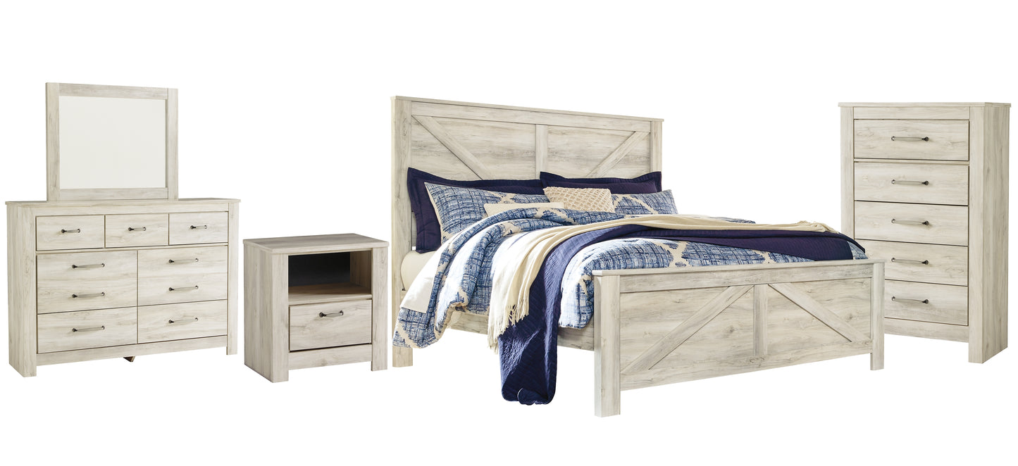 Bellaby  Crossbuck Panel Bed With Mirrored Dresser, Chest And Nightstand